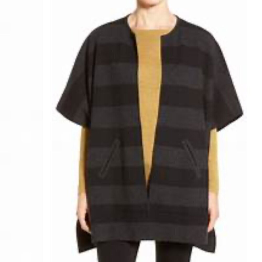 Eileen Fisher Black and Charcoal Striped Open Ponte Cardigan